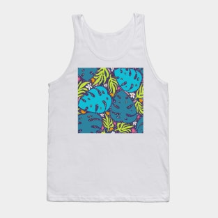 Jungle leaves and flowers abstract repeat pattern on purple Tank Top